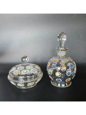 Czech Glass Dresser Set, Hand Painted Daisies Multicolor Perfume Bottle & Covere